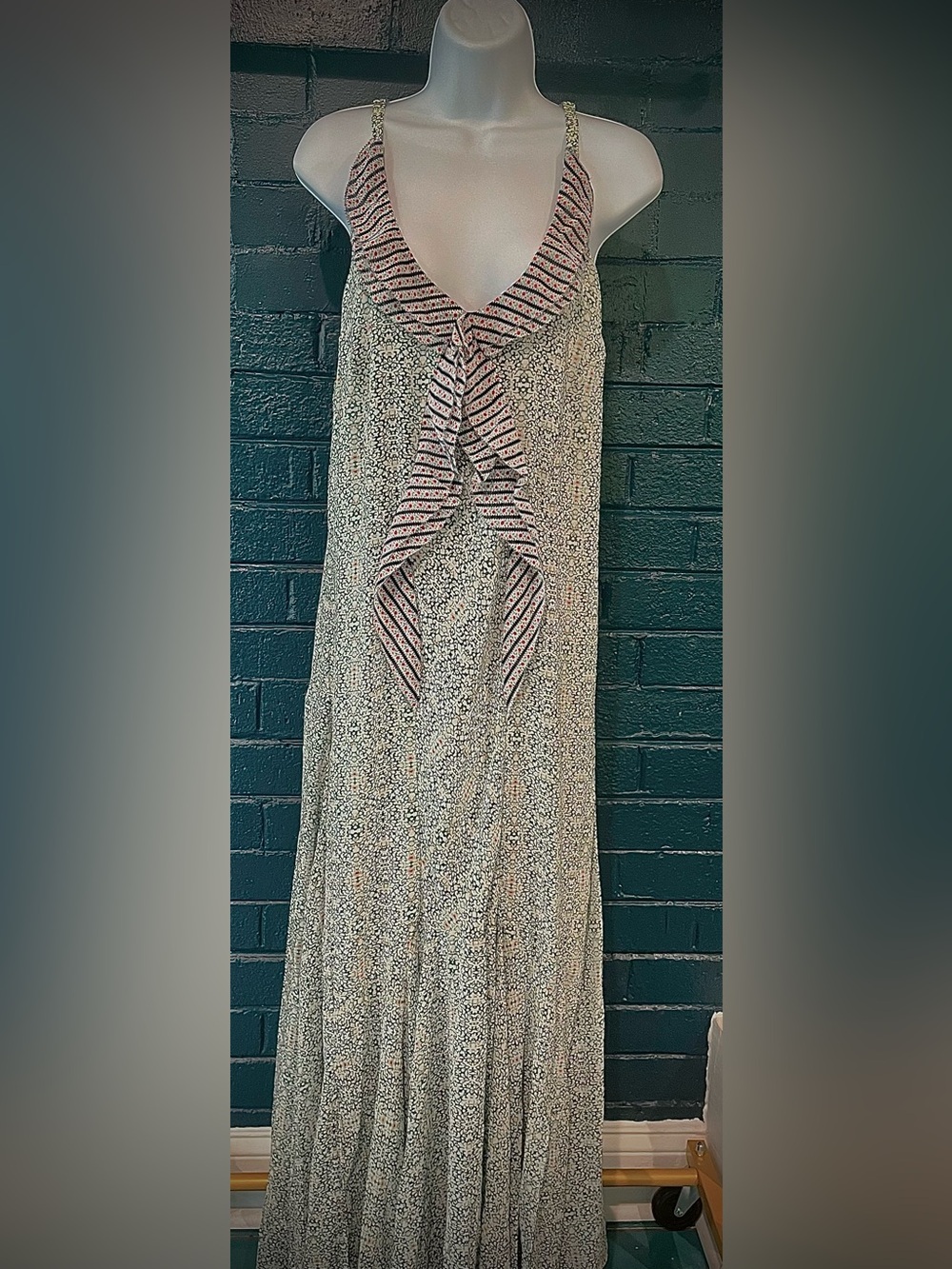 Floral Print Maxi Skirt with Striped Tie Accent - Green/White